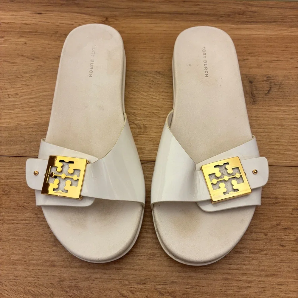 TORY BURCH Mellow Slide Sandals White Gold Metal Buckle Women Size 8 Flat Casual